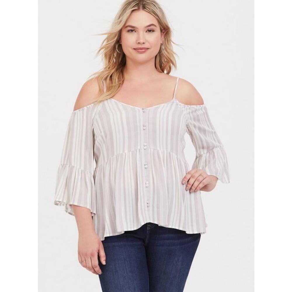 Torrid Womens Blouse Size 1 1X 14 16 Rayon Babydoll Crepe Cold Shoulder Striped‎